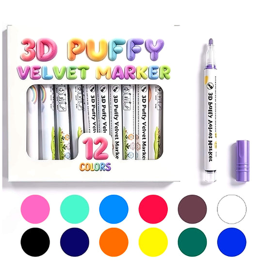 3D Puffy Velvet Marker Set, 12 Colors – Raised Puffy Pens for Art & Crafts