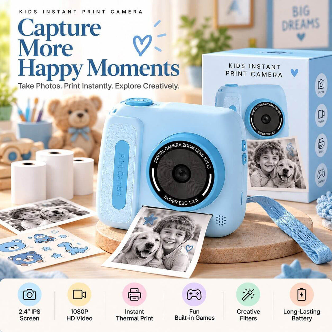 Baby blue kids digital camera with instant printing