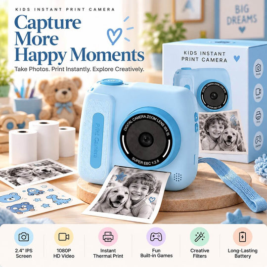 Baby blue kids digital camera with instant printing
