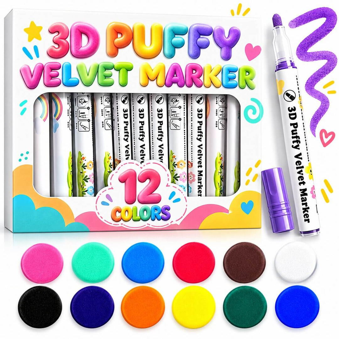 3D Puffy Velvet Marker Set, 12 Colors – Raised Puffy Pens for Art & Crafts
