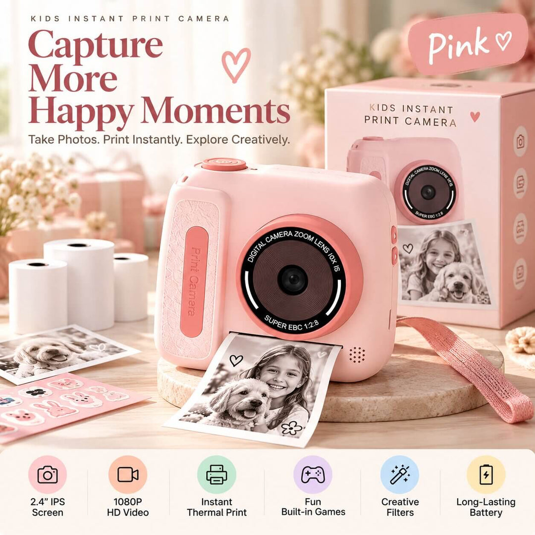 Pink kids instant print camera with thermal printer