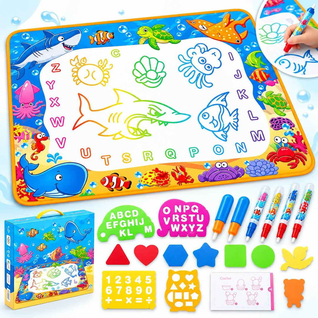 Reusable Water Drawing Mat for Kids – Mess-Free Drawing & Learning Set with Water Pens, Stencils and Ocean Animals