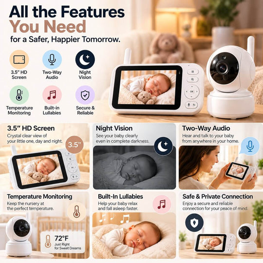 Premium Video Baby Monitor with Camera – 3.5” HD Screen, Night Vision & Two-Way Audio