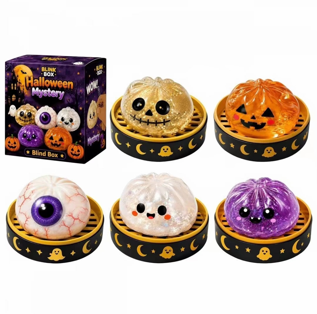 Halloween Mystery Squishy Set – 5-Piece Glitter Pumpkin & Spooky Squishy Toys
