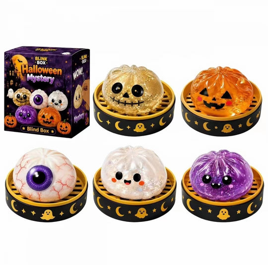 Halloween Mystery Squishy Set – 5-Piece Glitter Pumpkin & Spooky Squishy Toys